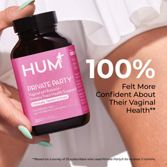HUM Private Party cranberry label close-up highlighting urinary wellness ingredients.