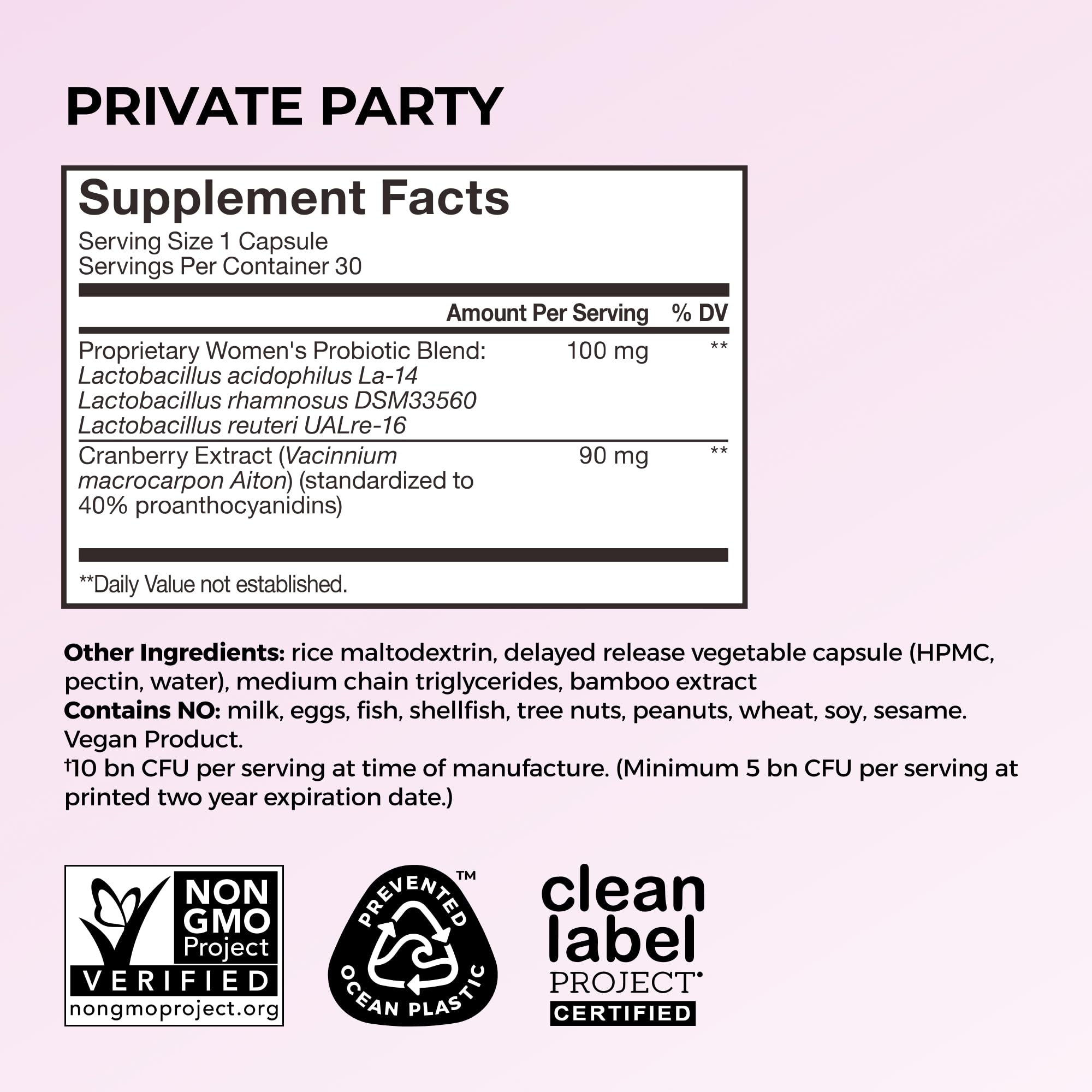 HUM Private Party ingredients list highlights vegan, non-GMO formulation.