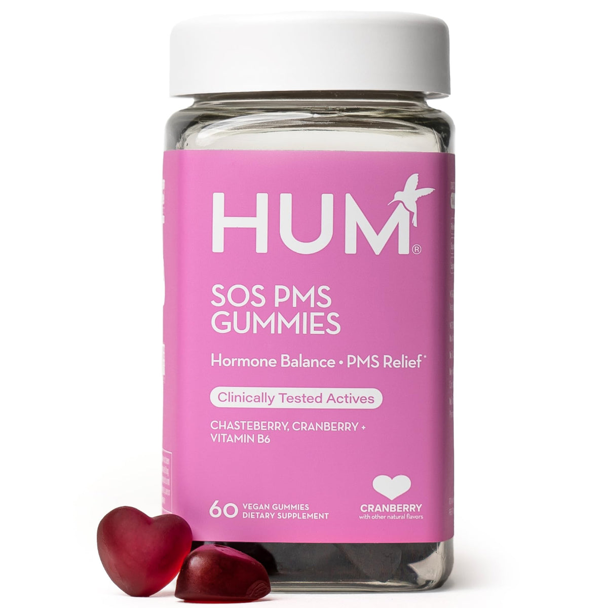 HUM SOS PMS gummies bottle ready for daily cycle support.