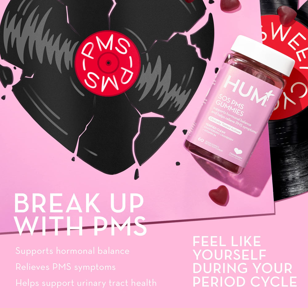 HUM SOS PMS gummies featuring chasteberry suggest hormonal balance potential.