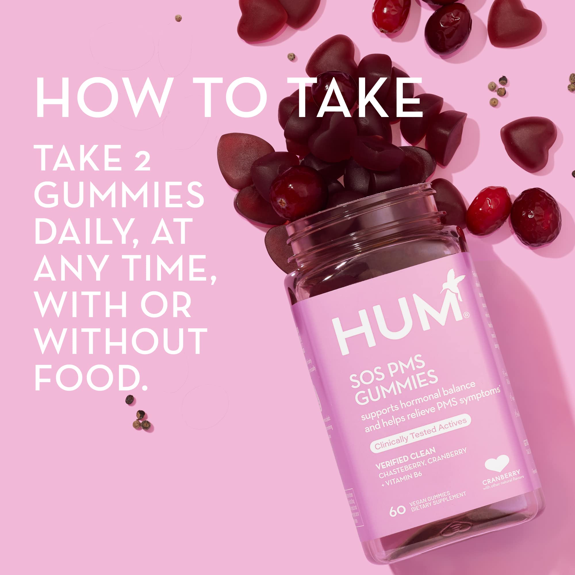 HUM SOS PMS gummies clean label certification on packaging.