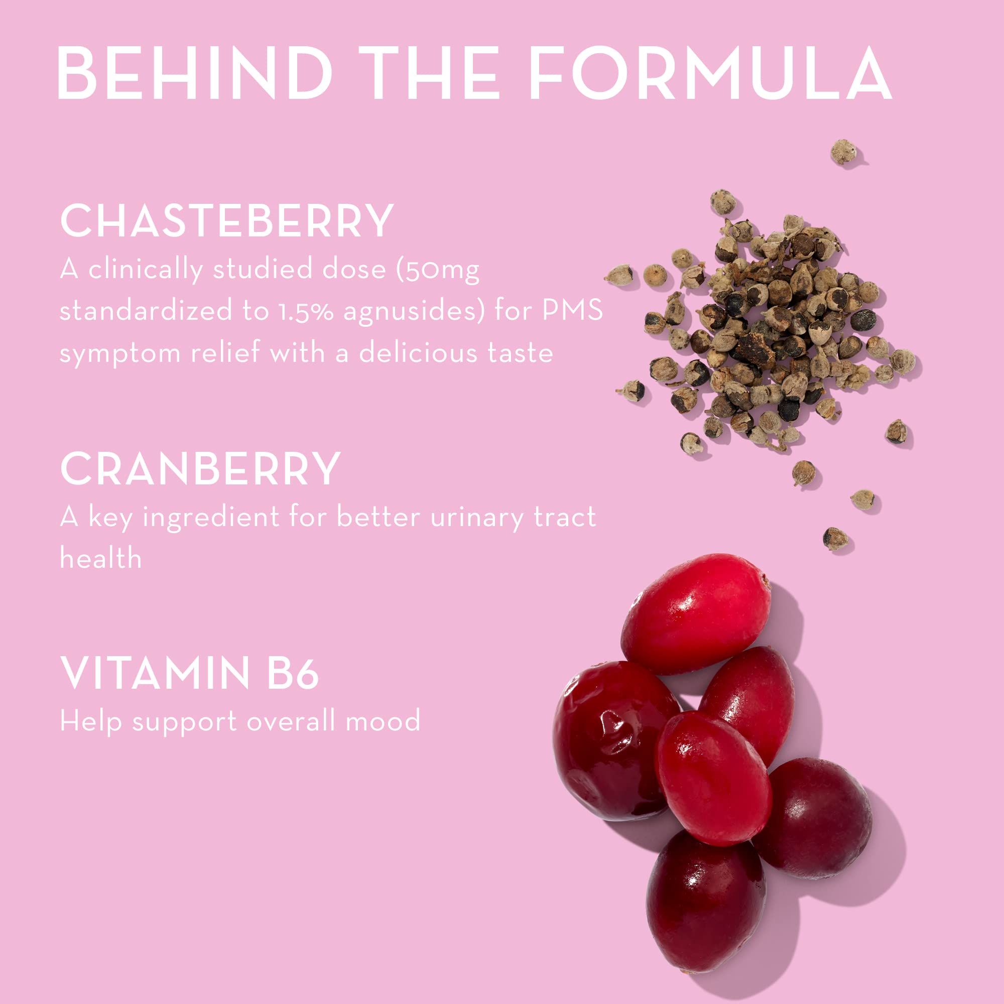HUM SOS PMS gummies with cranberry ingredient highlighting cycle support.