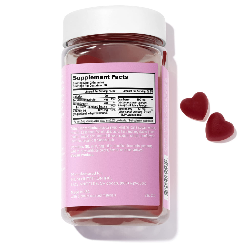 HUM SOS PMS gummies vegan and gluten free label on front.