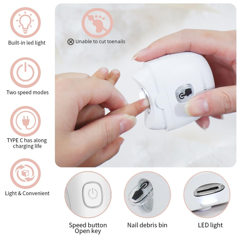 Hunloch electric nail clipper side view, USB rechargeable design for wireless use.
