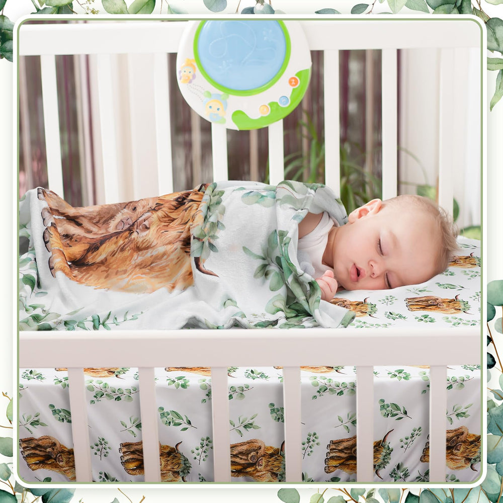 HunnmingRe Highland Cow nursery setup shows coordinated, easy-to-clean decor.