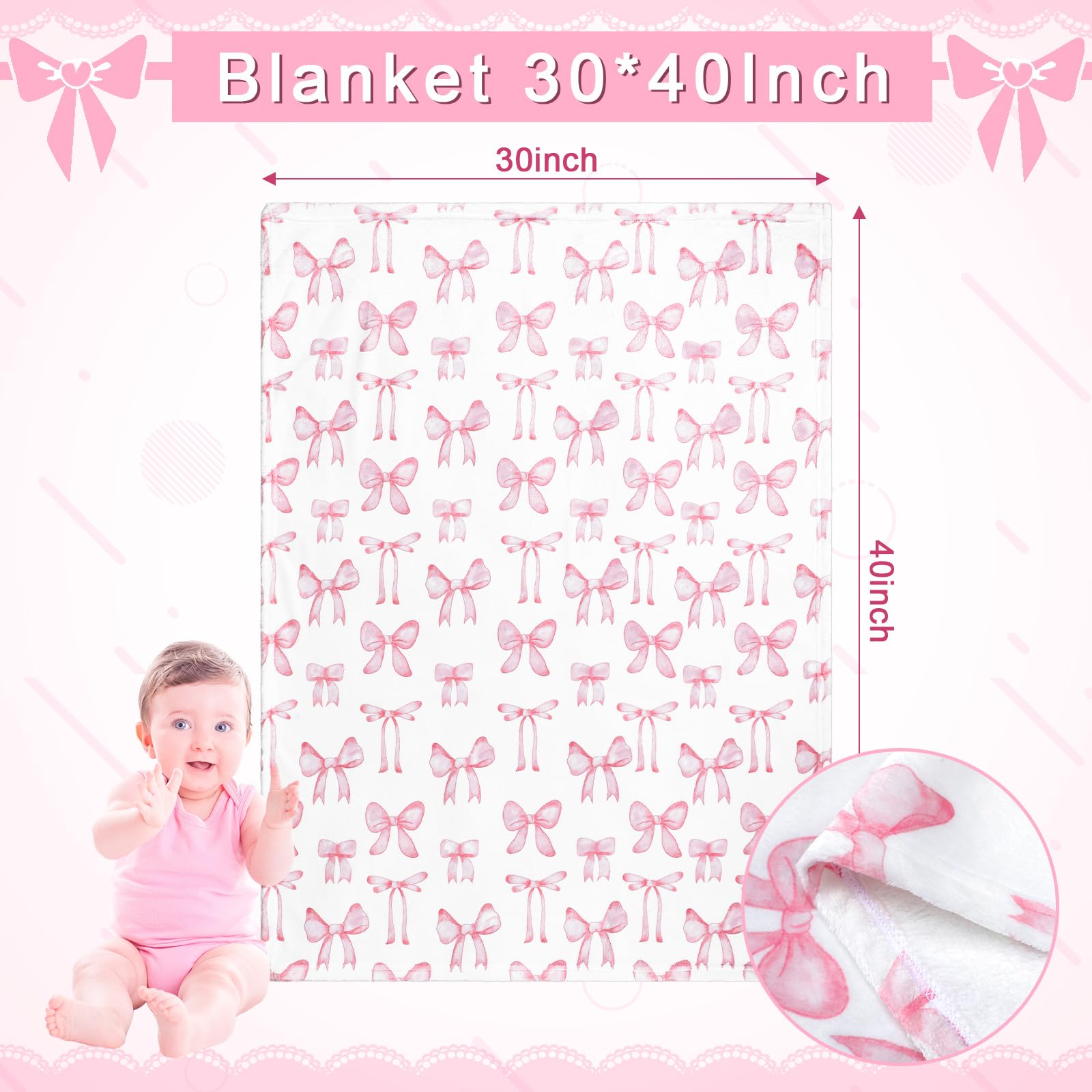 HunnmingRe pink bow blanket close-up shows plush flannel warmth