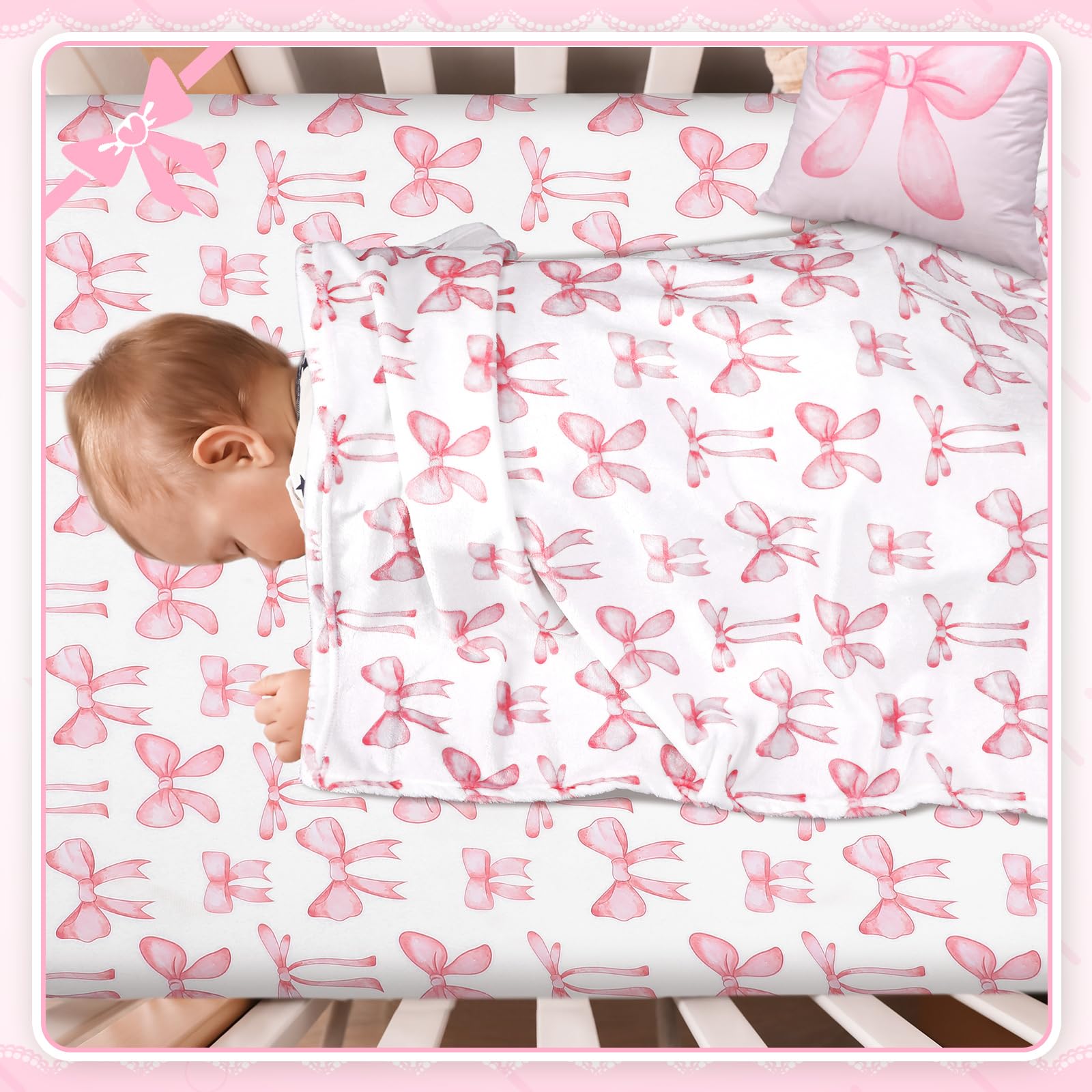 HunnmingRe pink bow crib set styled for easy nursery decor