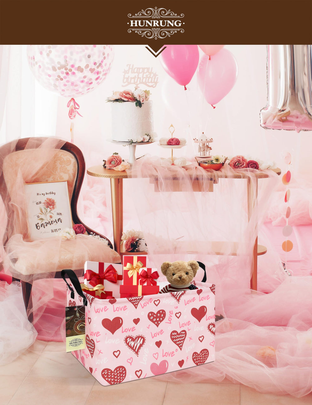 HUNRUNG pink heart bin with sturdy handles for easy carrying.