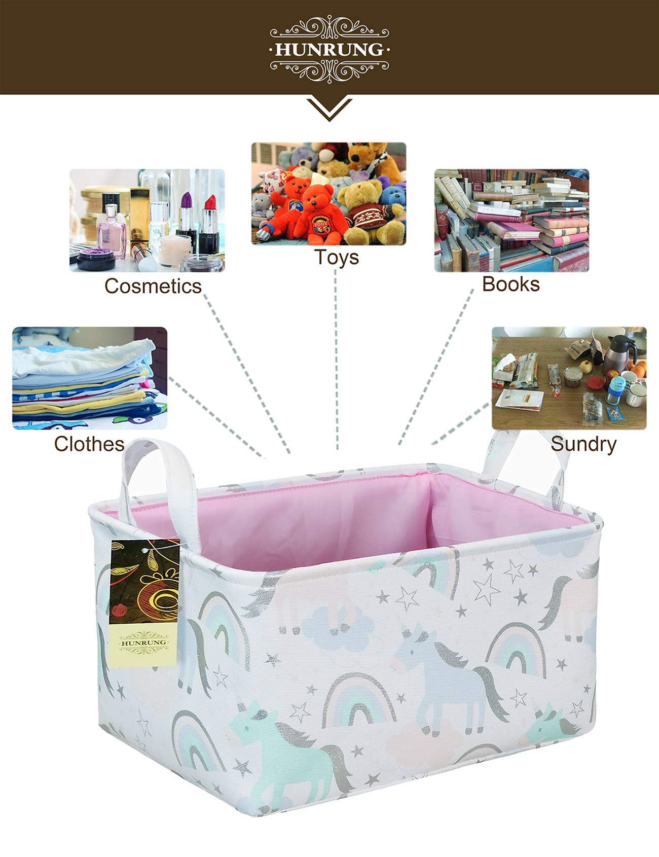 HUNRUNG collapsible storage bin with handles for easy toting between rooms.