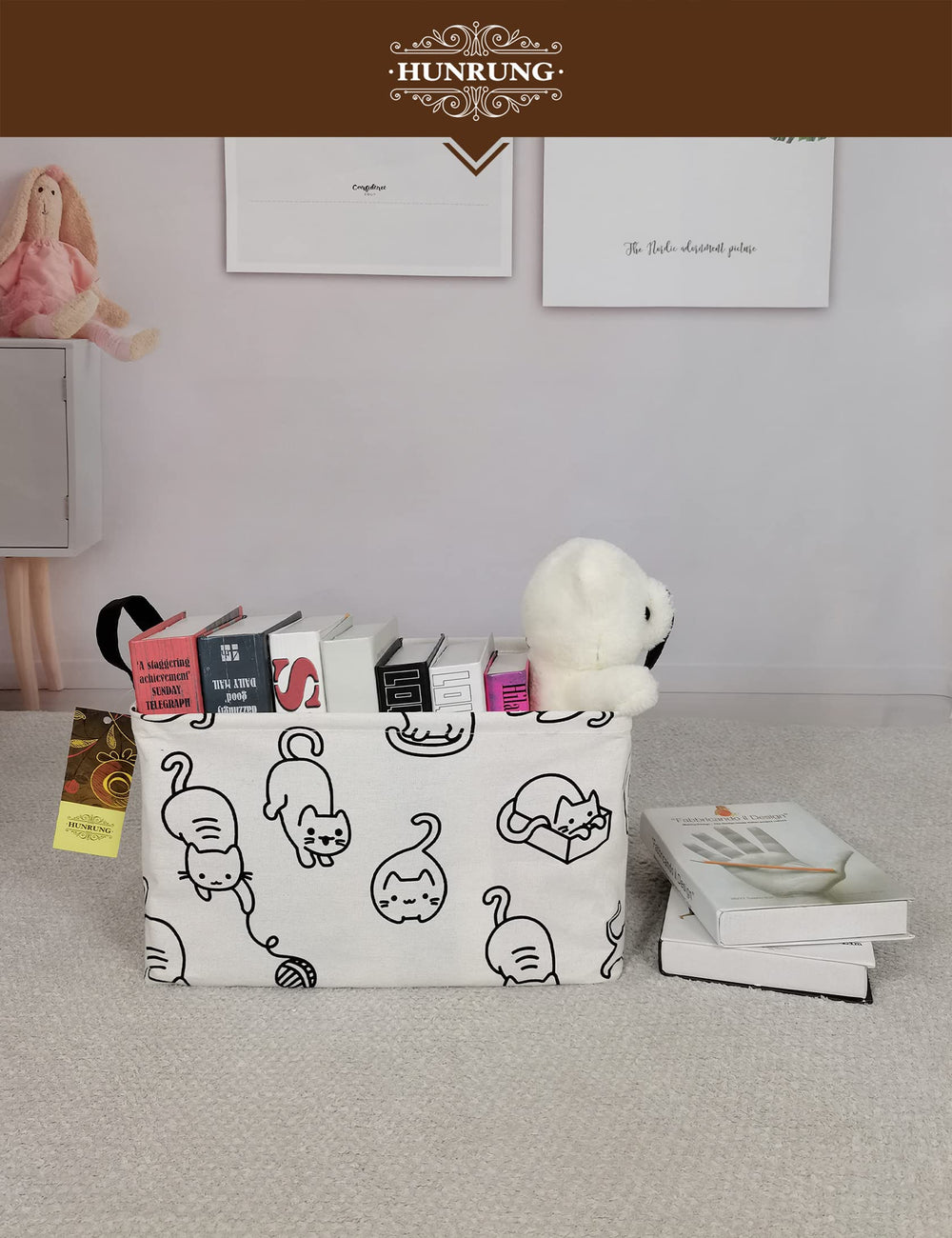 HUNRUNG living room bin keeps blankets, pillows, and reading materials tidy.