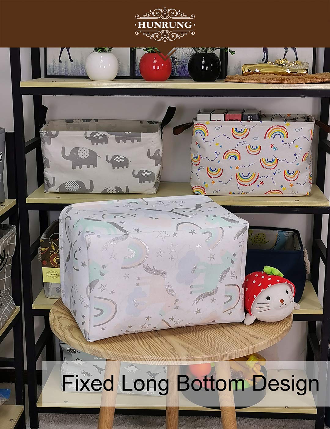 HUNRUNG nursery bin stores diapers and wipes with a cheerful unicorn motif.