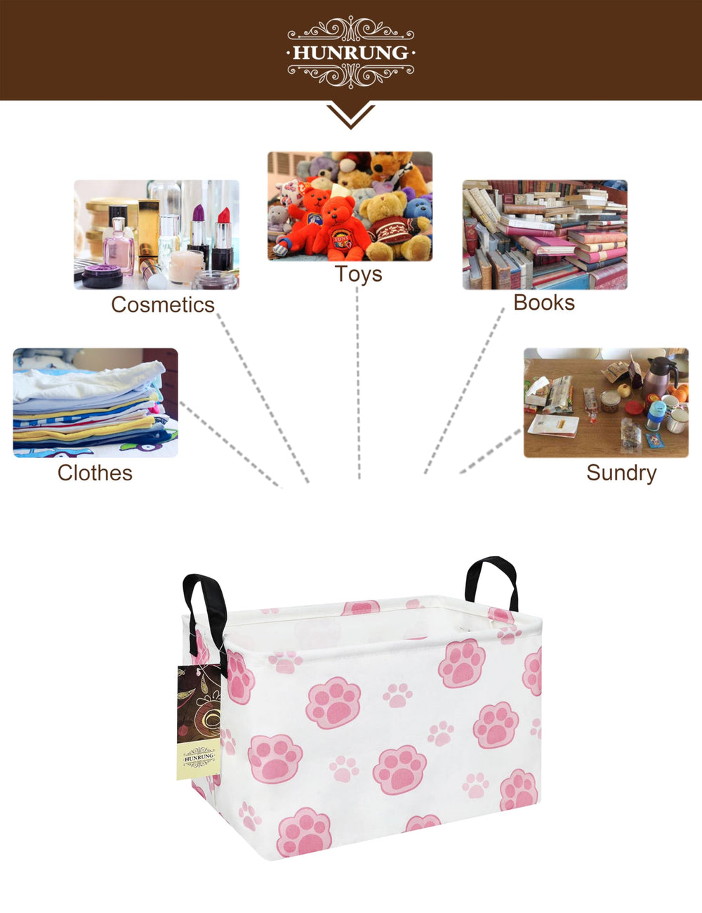 HUNRUNG Rectangle Storage Basket folds flat for space-saving storage.
