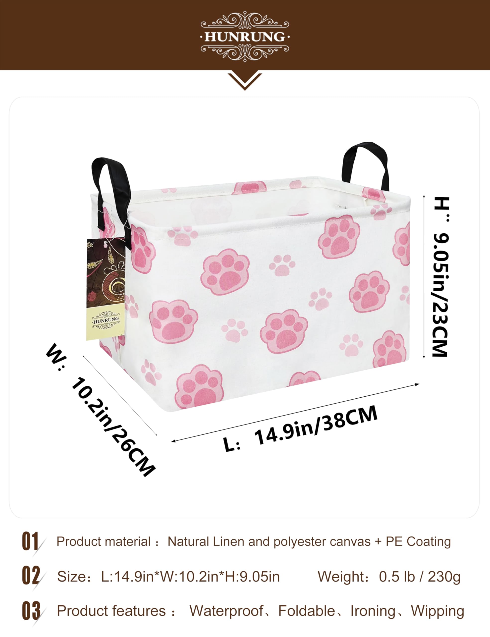 HUNRUNG Rectangle Storage Basket pink paw side view, perfect for books.