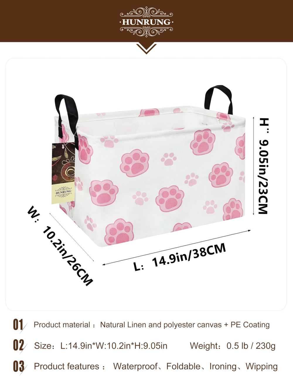 HUNRUNG Rectangle Storage Basket pink paw side view, perfect for books.