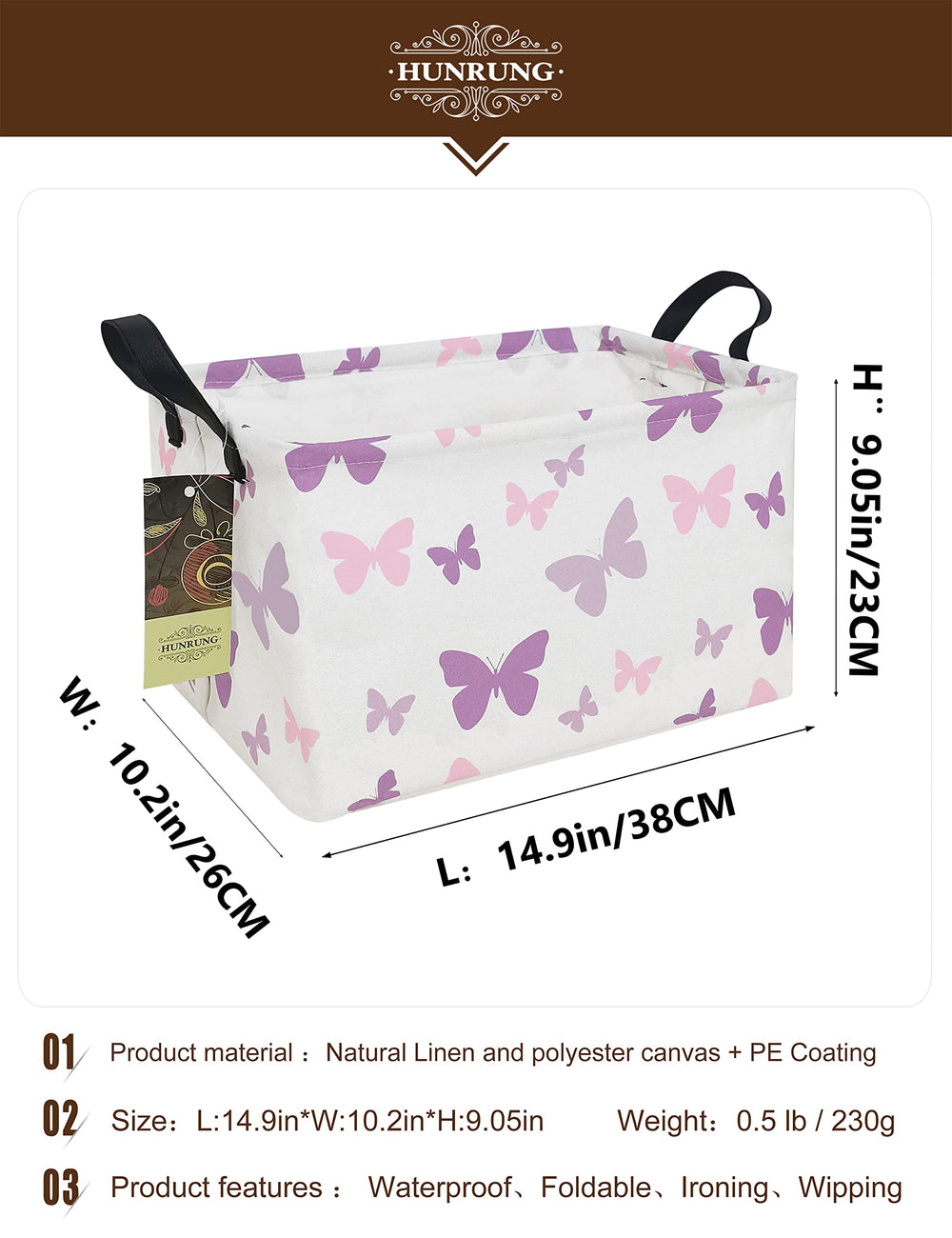 HUNRUNG rectangle storage basket durable material with polyester canvas and linen