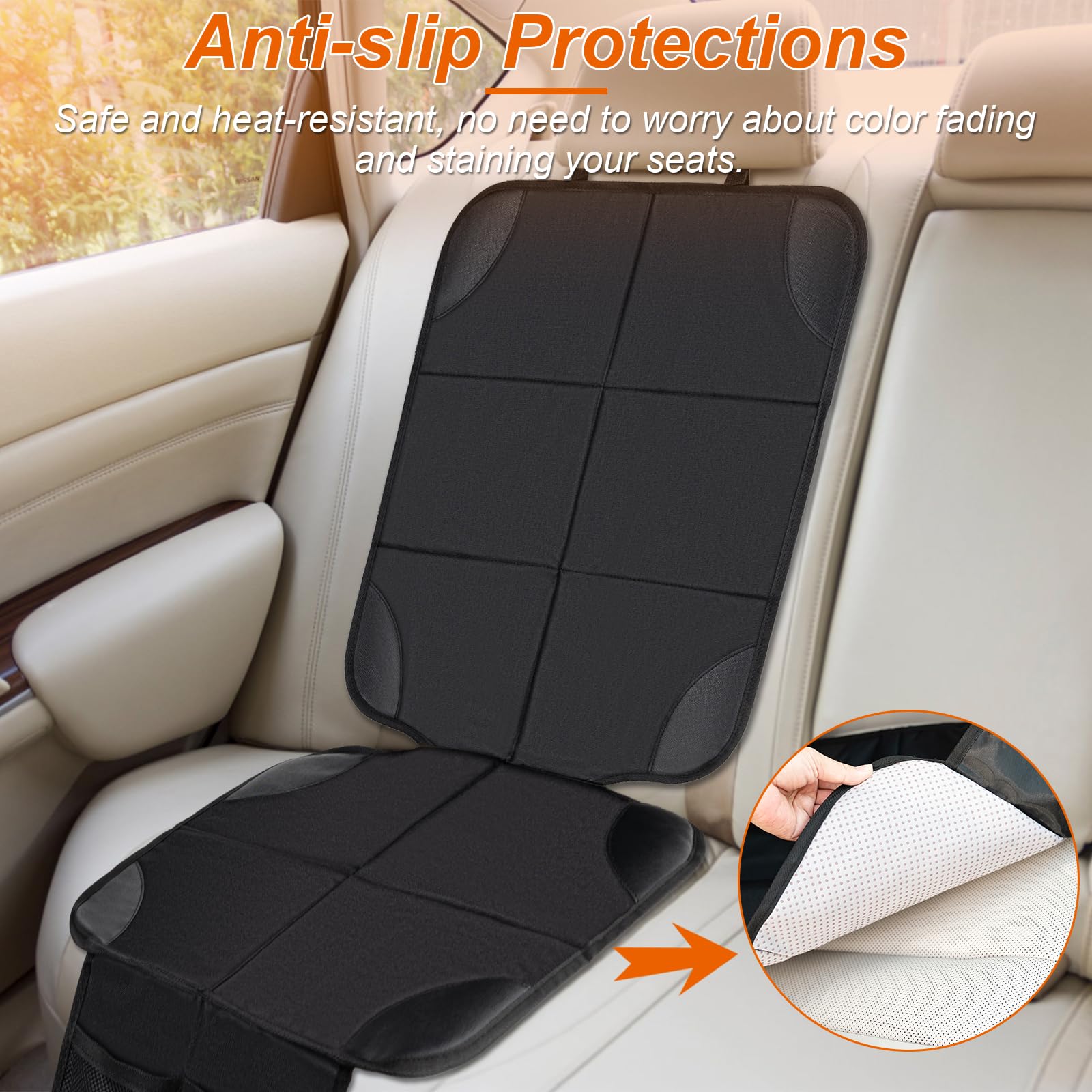 Husfunov car seat protector non-slip back keeps the protector in place during trips.
