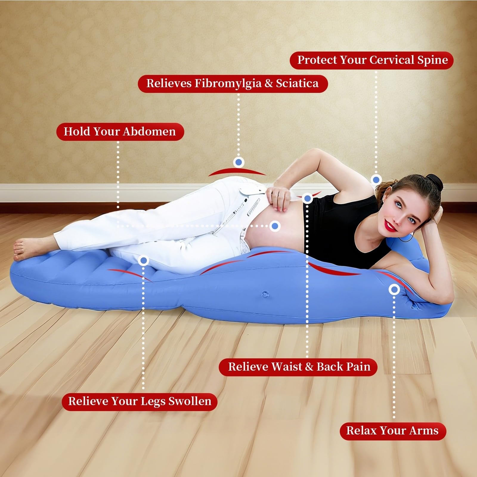 Hushblade pregnancy pillow three-hole-design supports belly, head, and arms for versatile lounging.