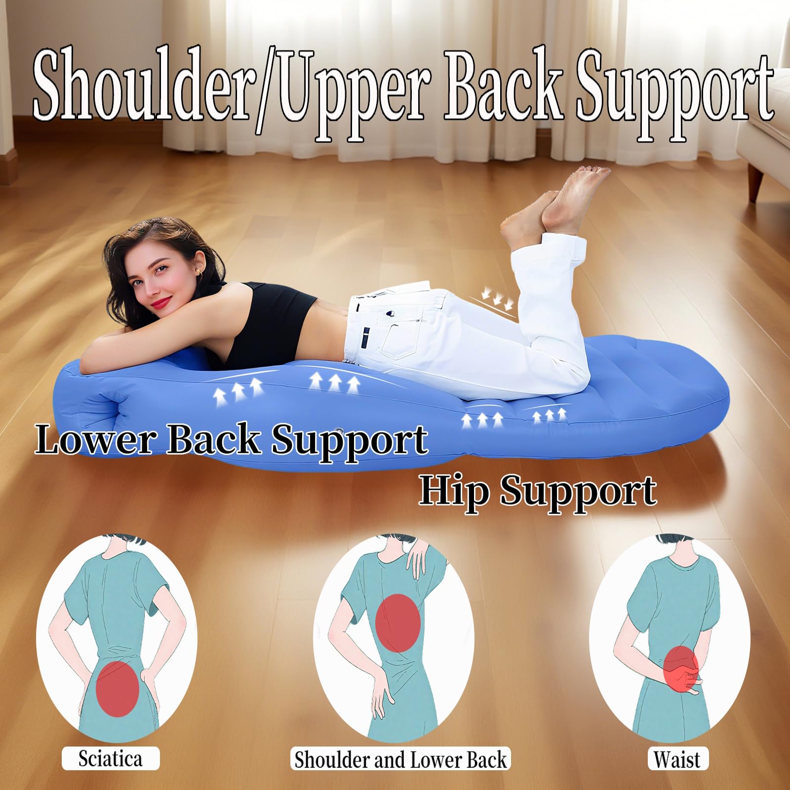 Hushblade pregnancy pillow demonstrates automatic inflation for quick setup and adjustable firmness.