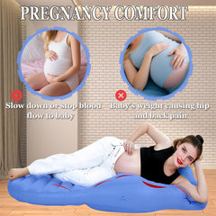 Hushblade pregnancy pillow shows multiple-use setup for pool lounging and maternity support.