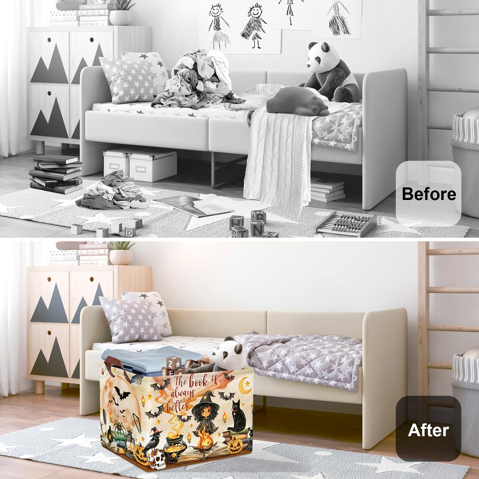 HUUMONSS Black Cat Witch Basket, charming storage for kid's room and play spaces.