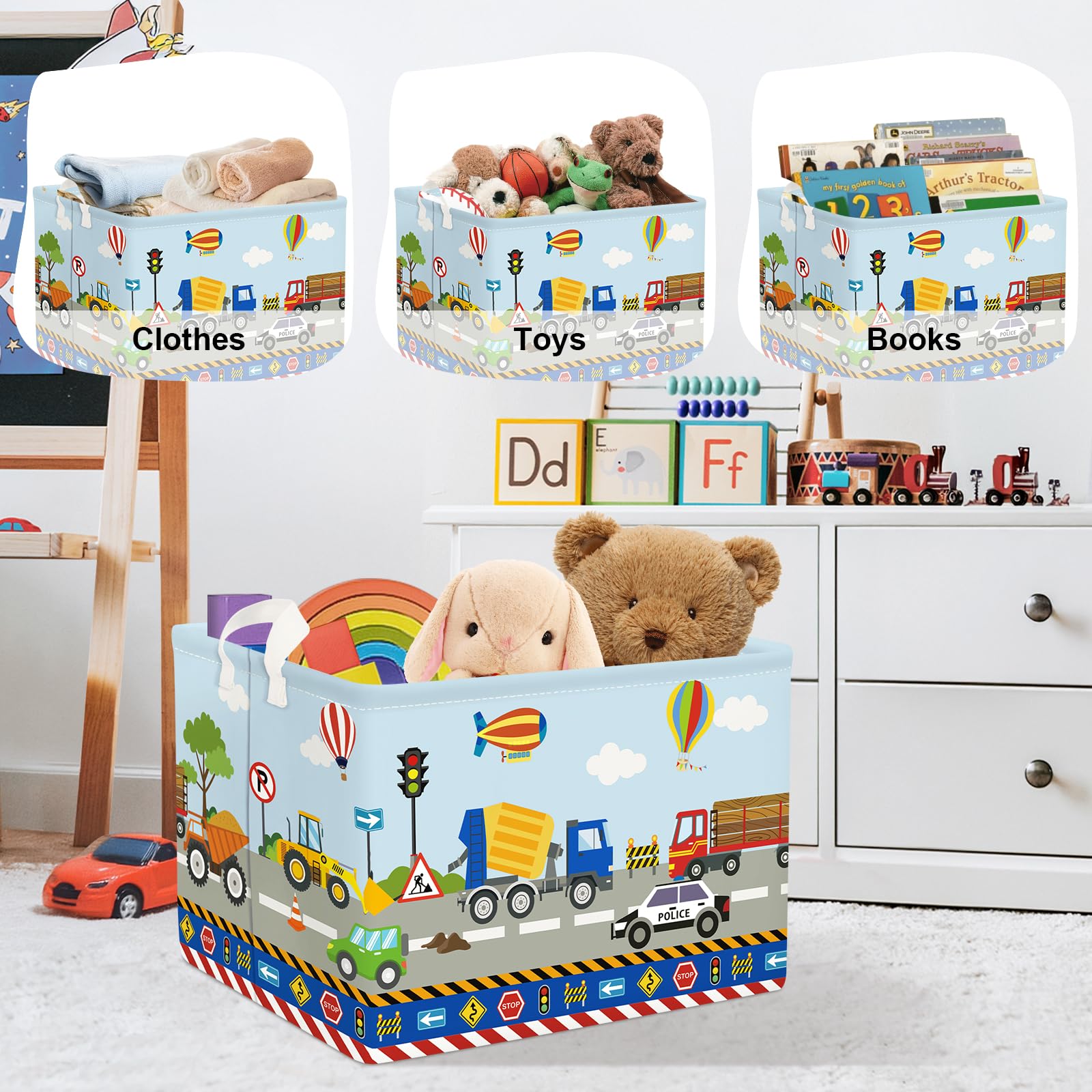 HUUMONSS boys-room-toy-hamper adds color while containing toy sets.