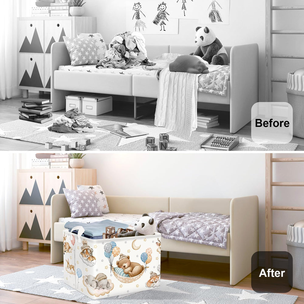 HUUMONSS Collapsible Baby Laundry Bin folds flat for compact storage when not in use.