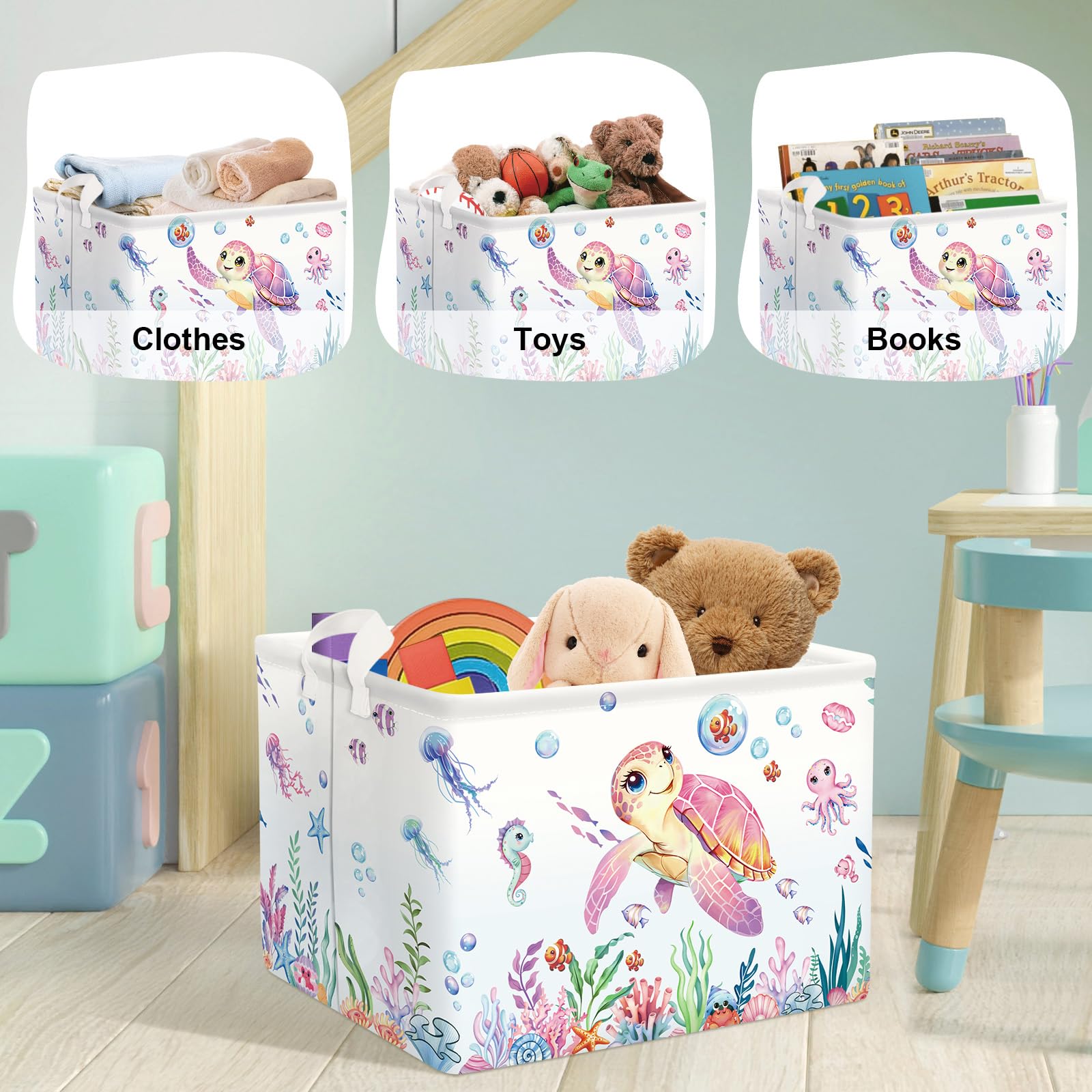 HUUMONSS Cute clothes organizer basket adds color while keeping room organized.