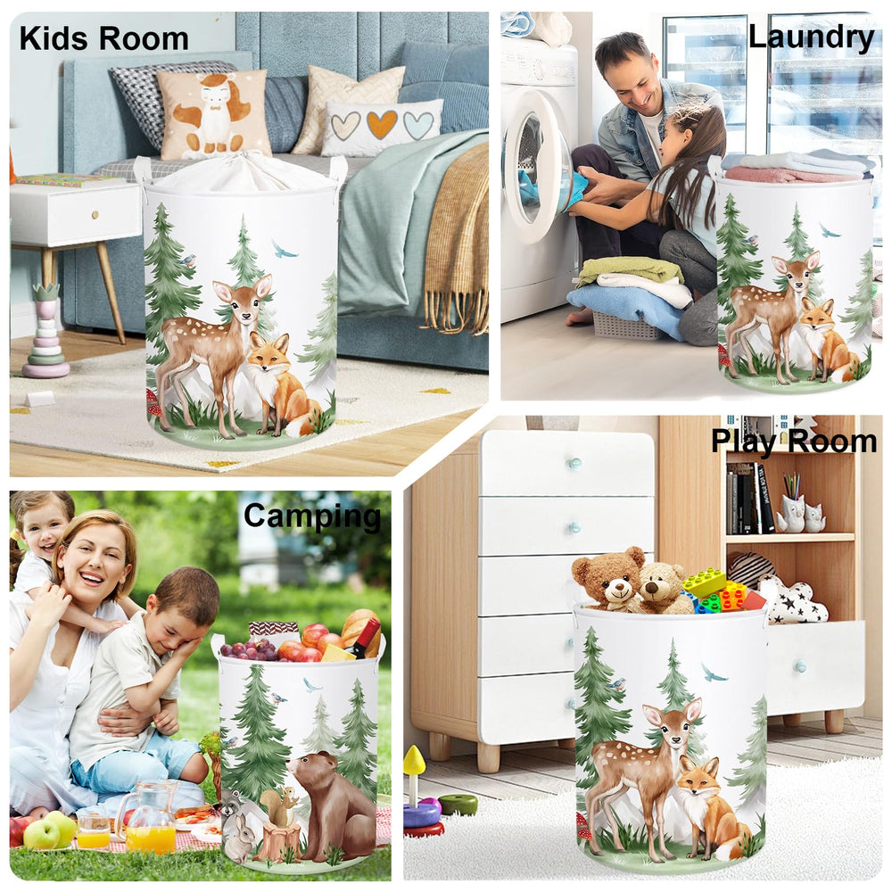 HUUMONSS forest animals hamper in compact fold, ideal for travel or camping storage.