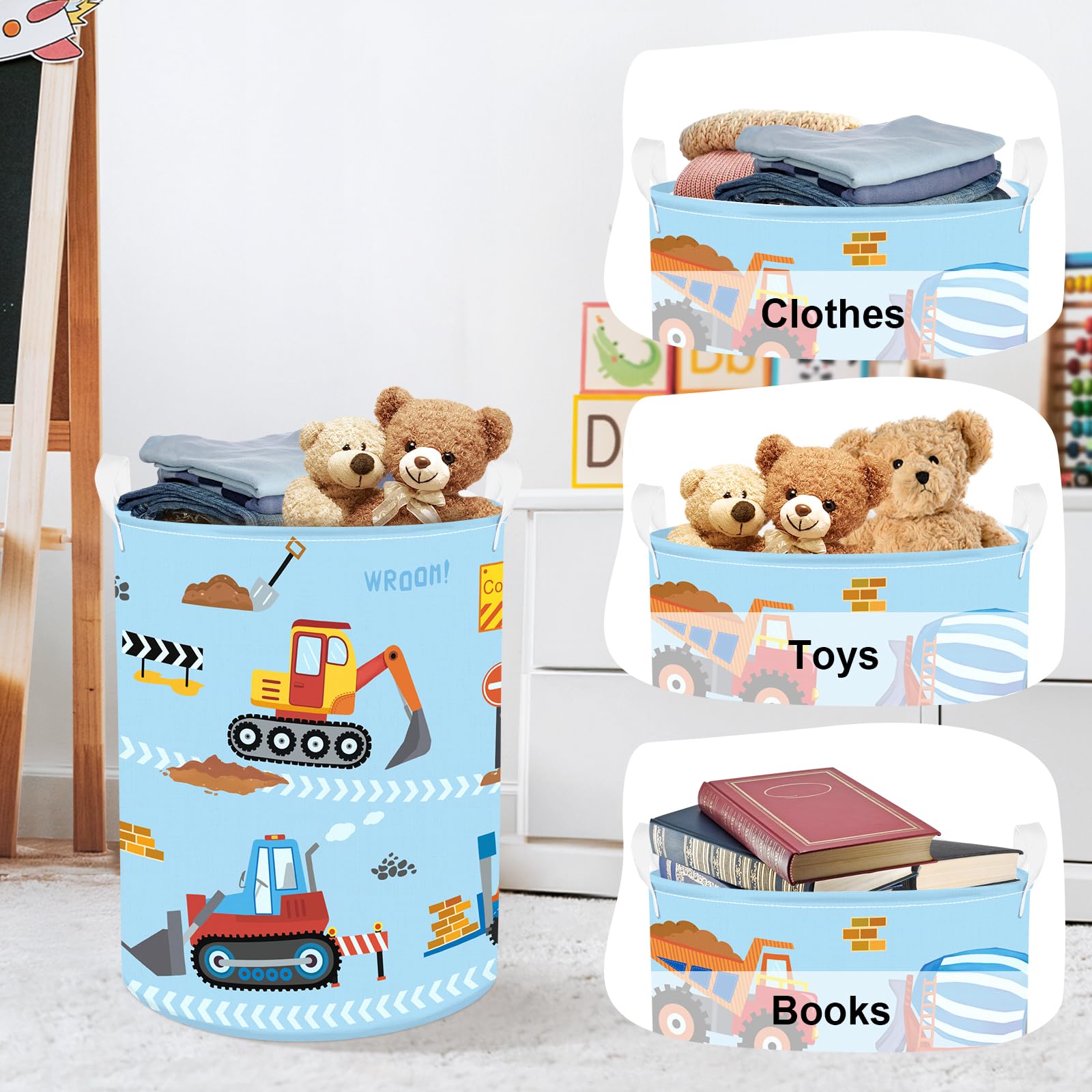 HUUMONSS kid room toy basket with bright car pattern.