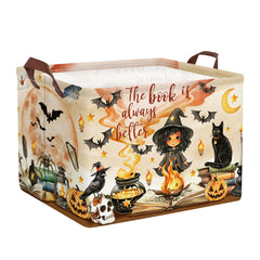 HUUMONSS Magic Hat Bat Basket with open book and fire, ideal toy storage and decor.