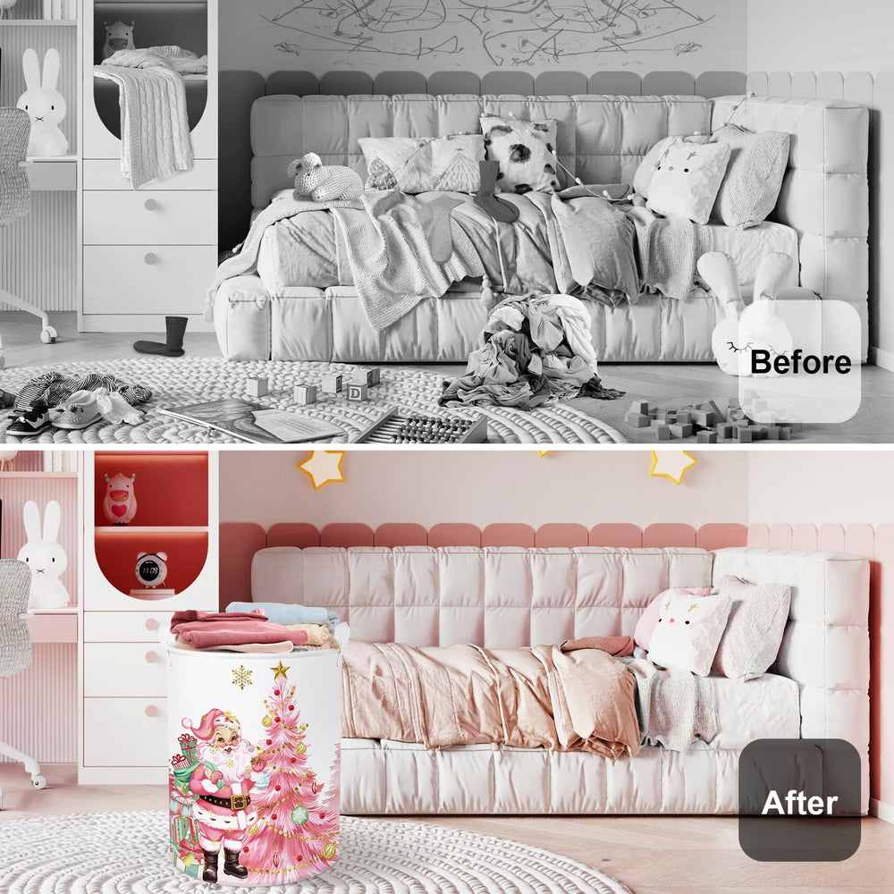 HUUMONSS pink Santa Claus laundry hamper in a child room adds festive storage