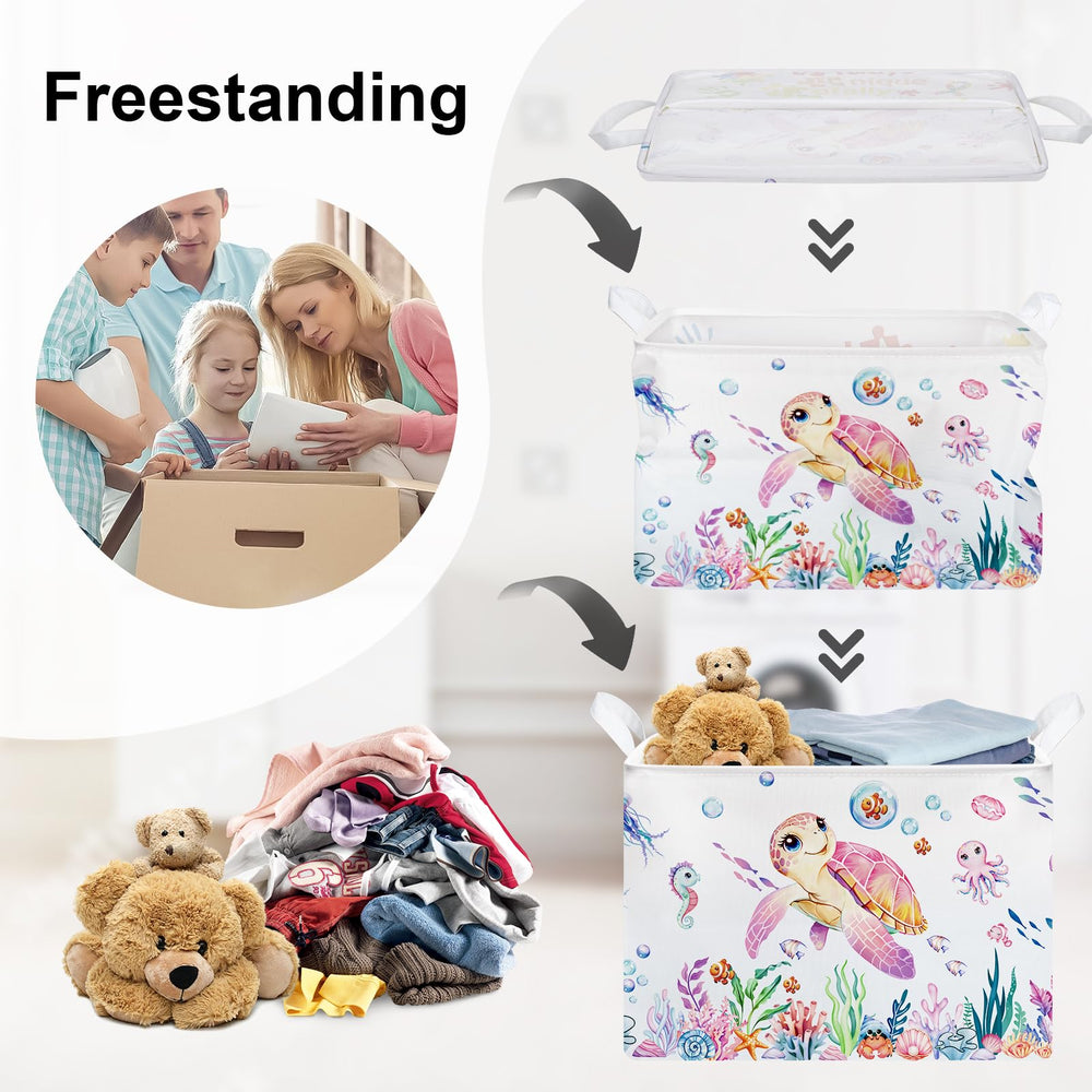 HUUMONSS Sea creatures toy bin with jellyfish and coral helps sort toys easily.