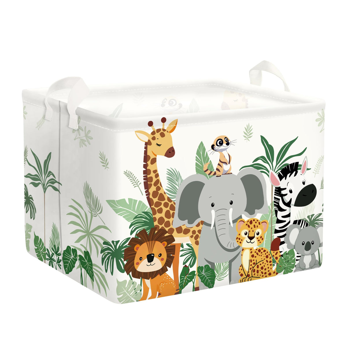 HUUMONSS Tropical Animals hamper collapsed for space-saving nursery storage.