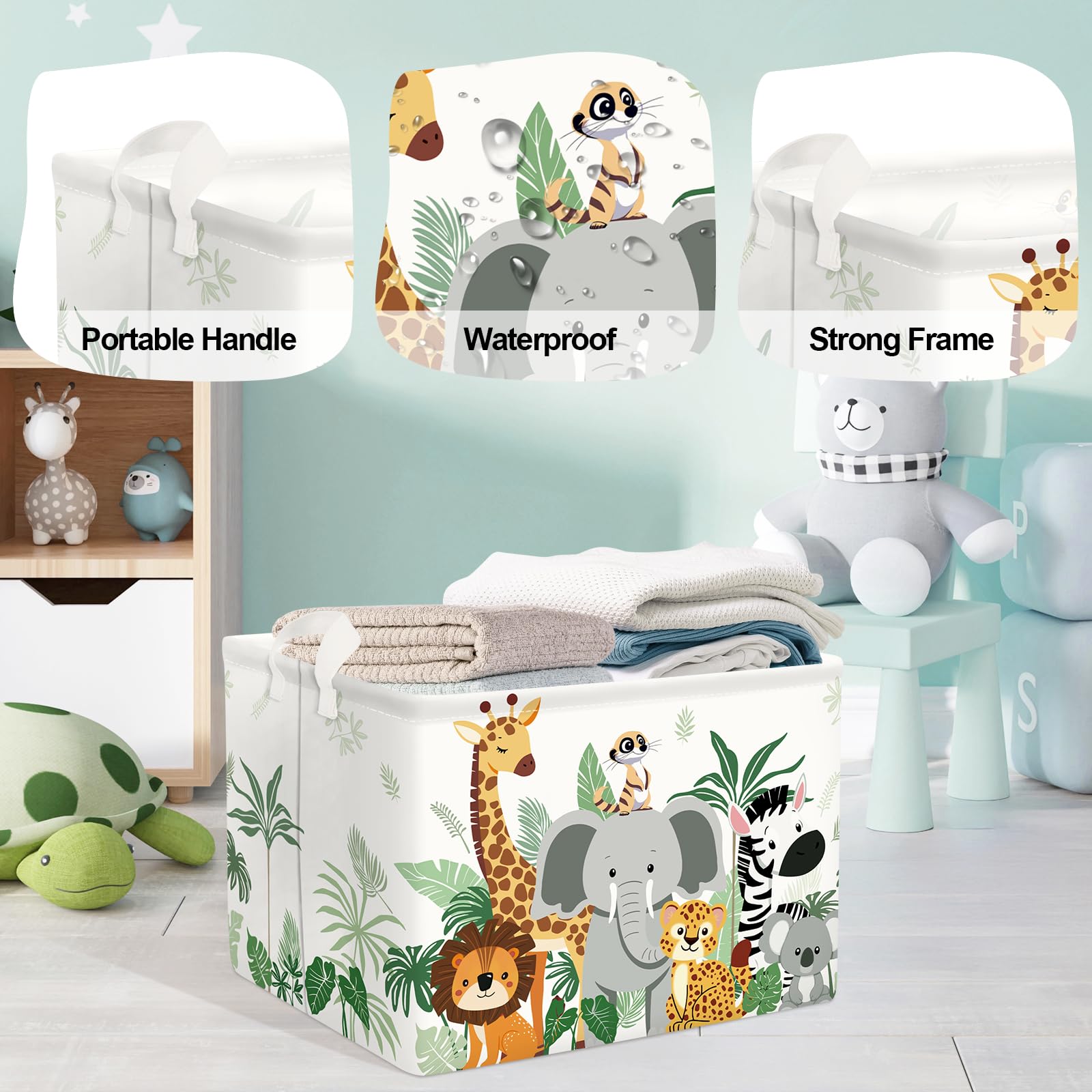 HUUMONSS Tropical Animals hamper with lion, elephant, giraffe design in playroom.