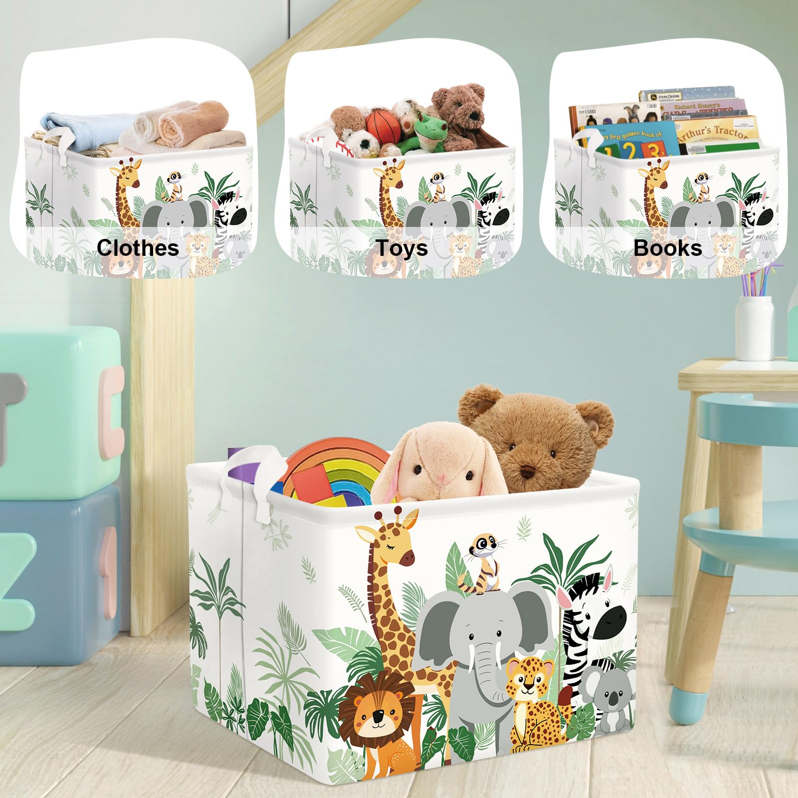 HUUMONSS Tropical Animals hamper keeping toys organized in kid room.