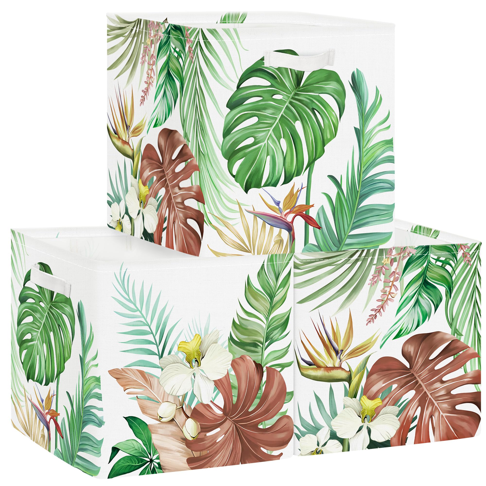 HUUMONSS tropical leaf cube bin 3pc, sturdy fabric storage for closets.
