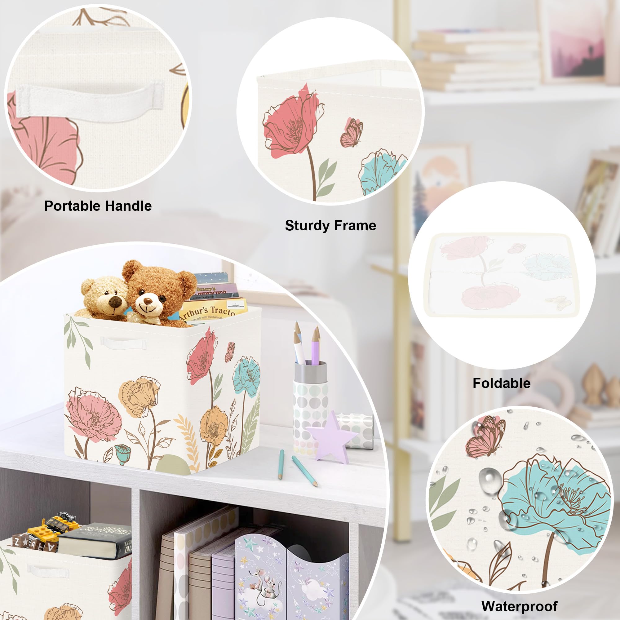 HUUMONSS Wild Flower toy and book bin helps keep play areas orderly.