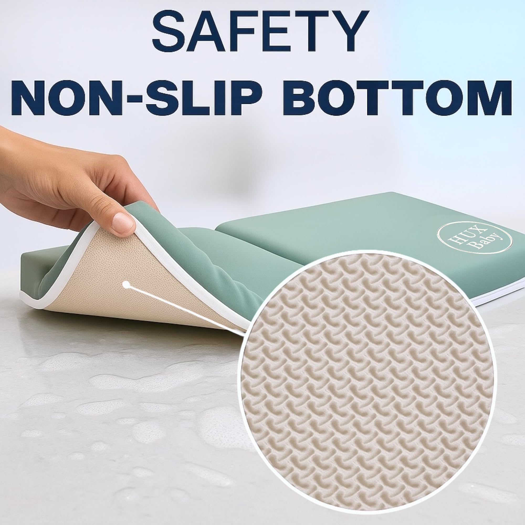 HUX Baby foldable kneeler for compact storage after bath time.
