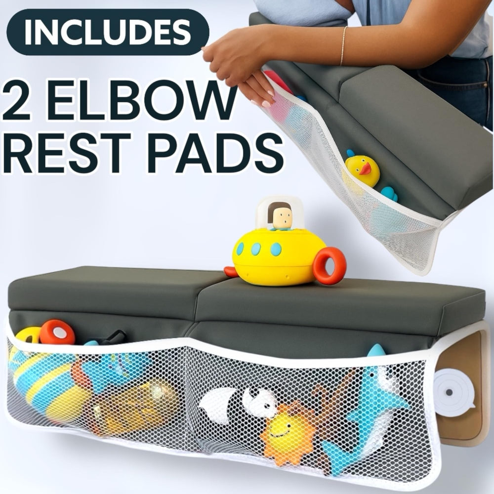 HUX Baby kneeler with toy organizer pocket keeping bath essentials within reach.