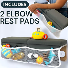 HUX Baby kneeler with toy organizer pocket keeping bath essentials within reach.