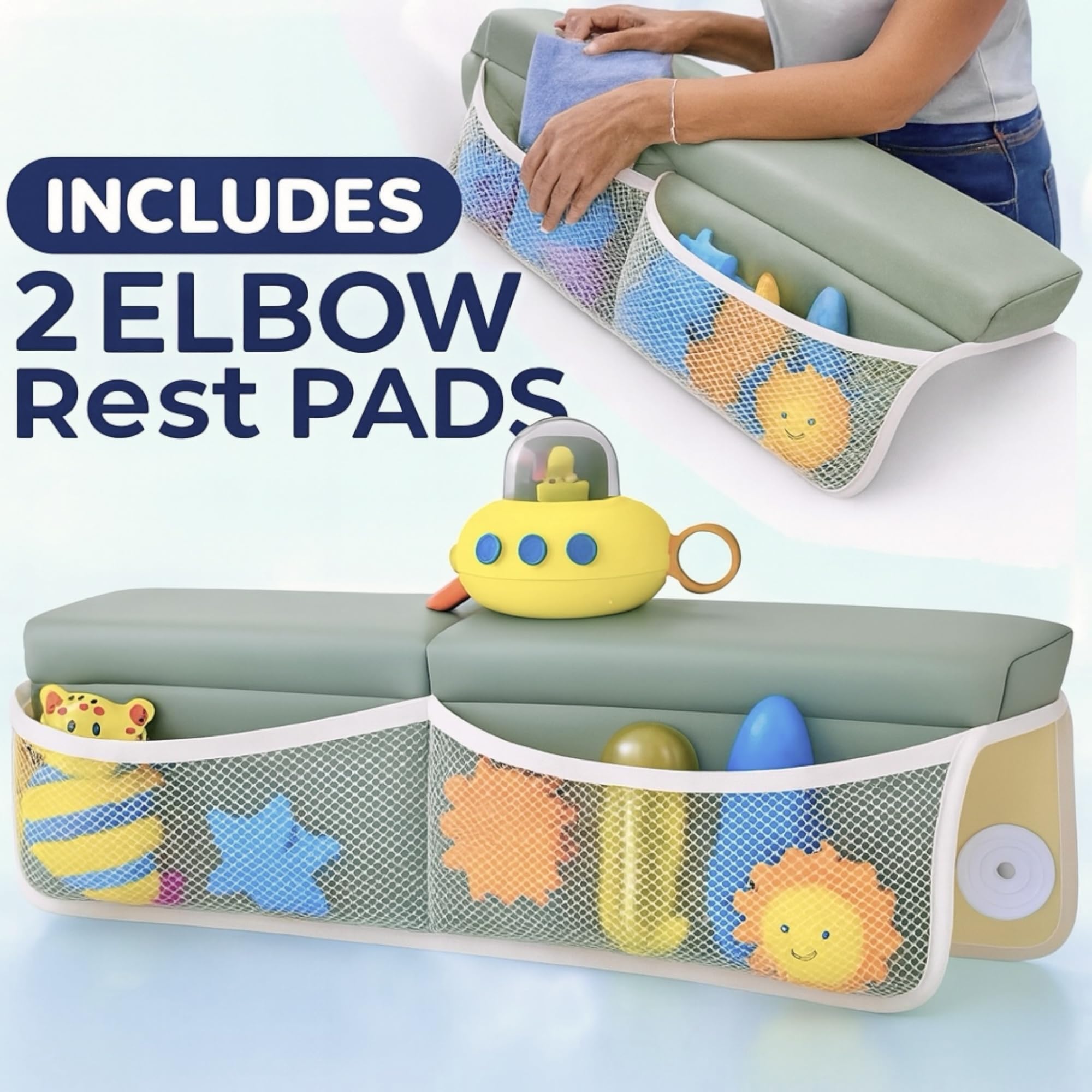 HUX Baby kneeler with non-slip backing stays secure on wet tub surfaces.