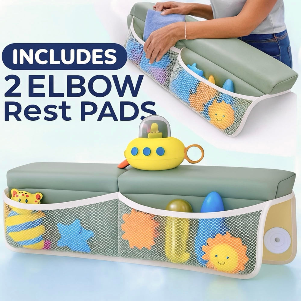 HUX Baby kneeler with non-slip backing stays secure on wet tub surfaces.