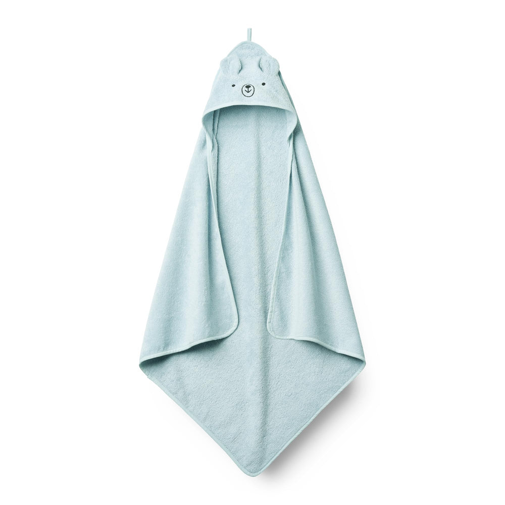 Huxie bear blue hooded towel, cozy hood close-up showing plush softness