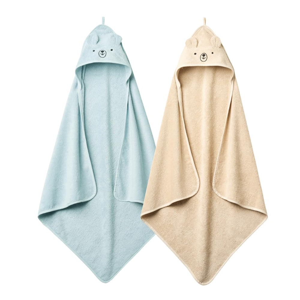 Huxie baby hooded towel in Bear Fog shows organic cotton softness for gentle post-bath snuggles.