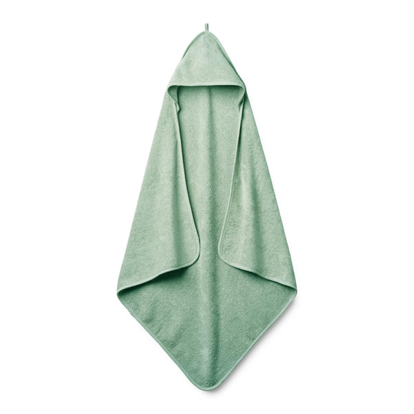 Huxie hooded towel in roman green, plush organic cotton for gentle post-bath warmth.