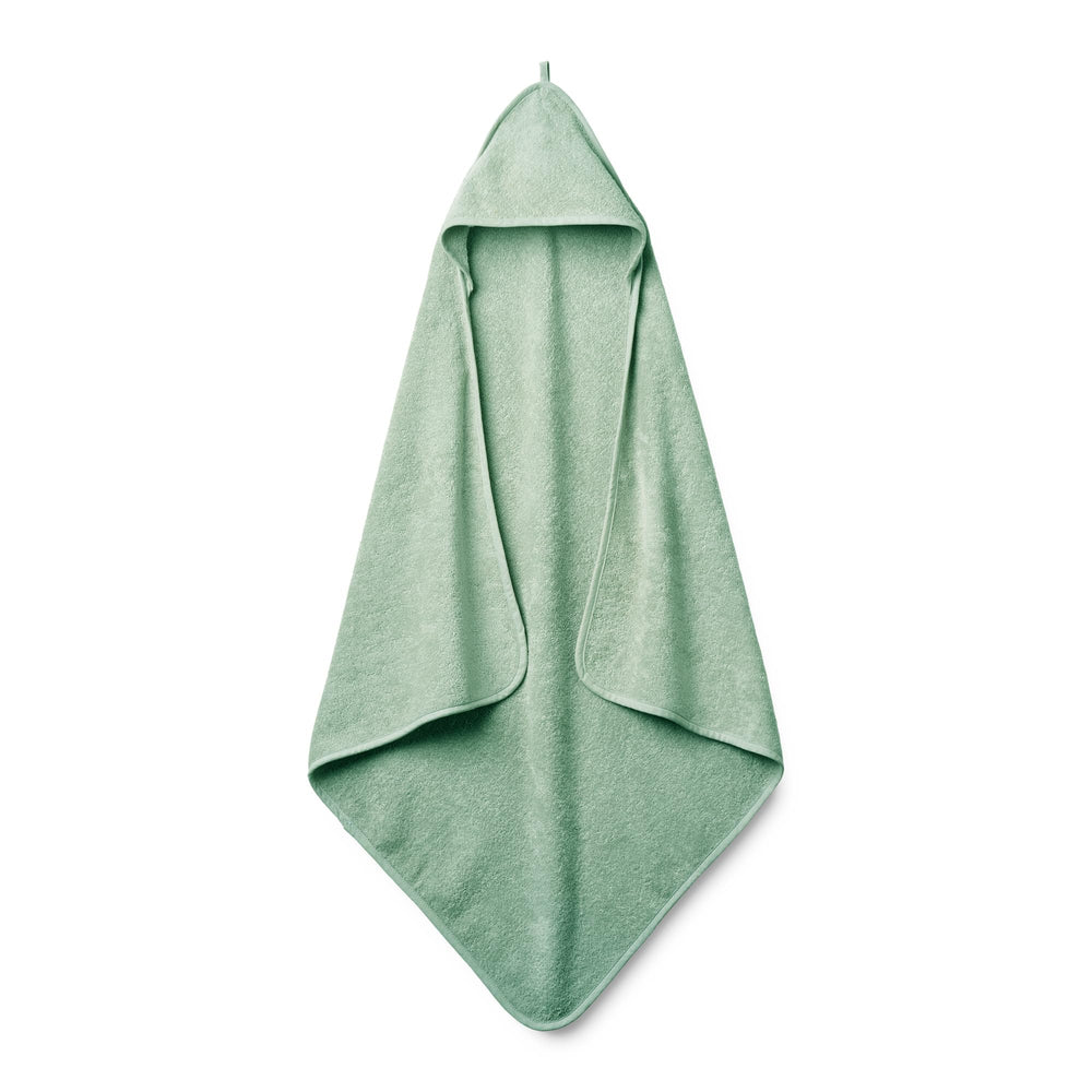 Huxie hooded towel in roman green, plush organic cotton for gentle post-bath warmth.