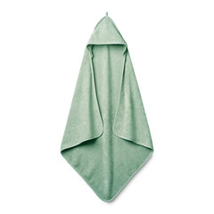 Huxie hooded towel in roman green, plush organic cotton for gentle post-bath warmth.