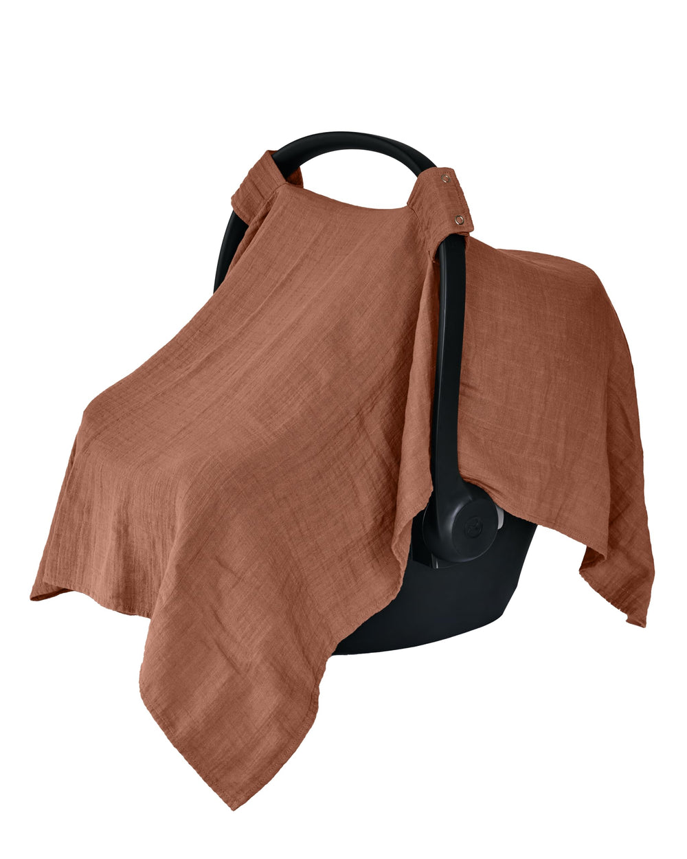 Huxie car seat cover on a stroller provides privacy and sun shade for on-the-go infants.