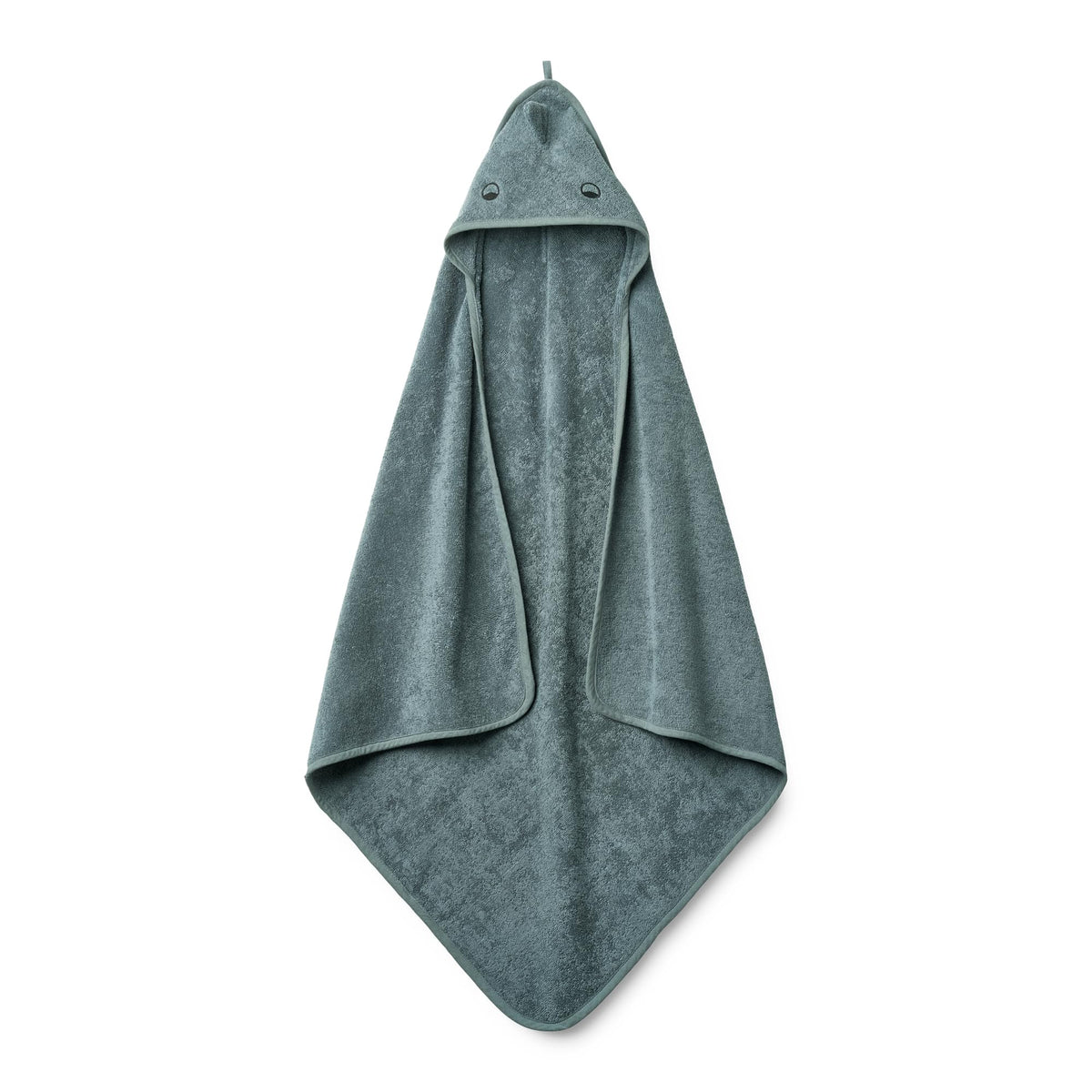 Huxie Dino Tradewinds hooded towel front view, ultra-soft for gentle post-bath drying