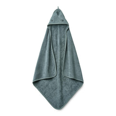 Huxie Dino Tradewinds hooded towel front view, ultra-soft for gentle post-bath drying